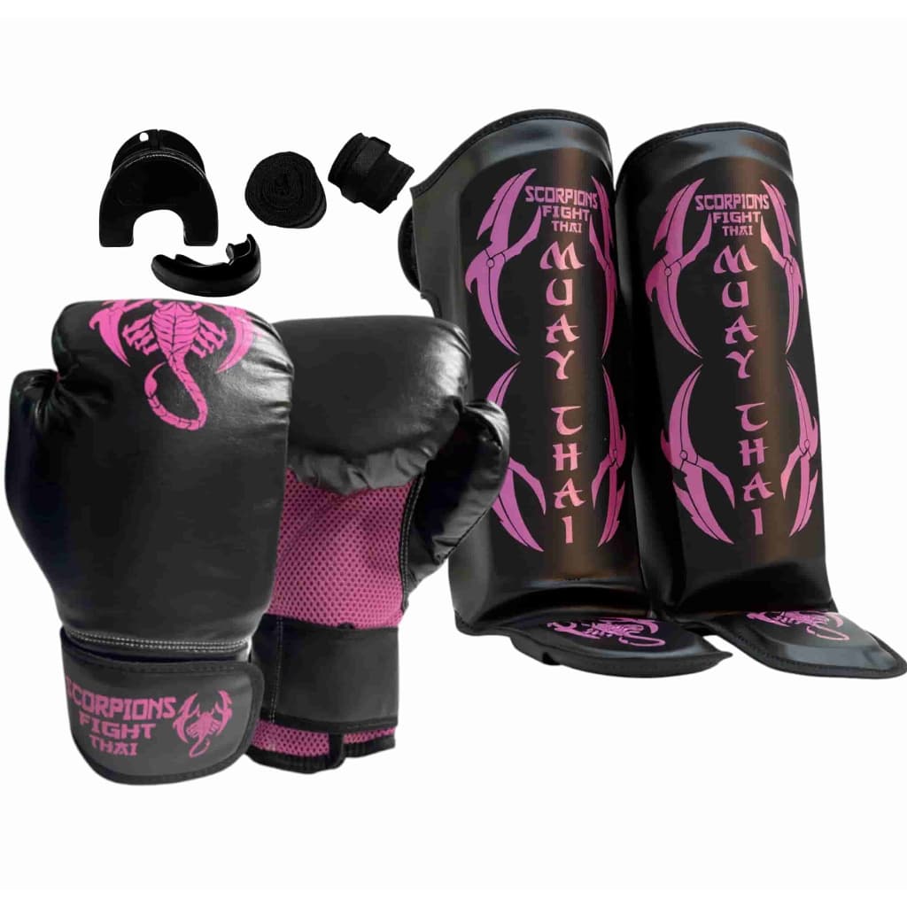 Kit Completo Muay Thai Luva + Caneleira + Bandagem + Bucal + Sacola Brinde