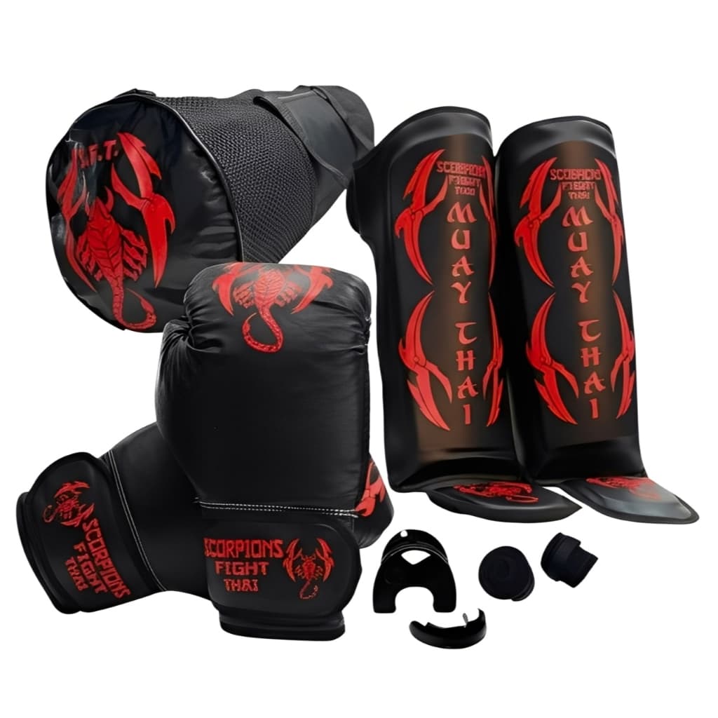Kit Completo Treino Muay Thai / Boxe – Luva + Caneleira + Bandagem + Bucal + Bolsa + Sacola Brinde