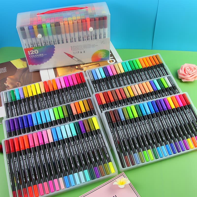 Kit 12/24/36/60/80 Cores Caneta 2 em 1 Brush Lettering e Ponta Fina Dual Pen Canetinha Colorir Desenho