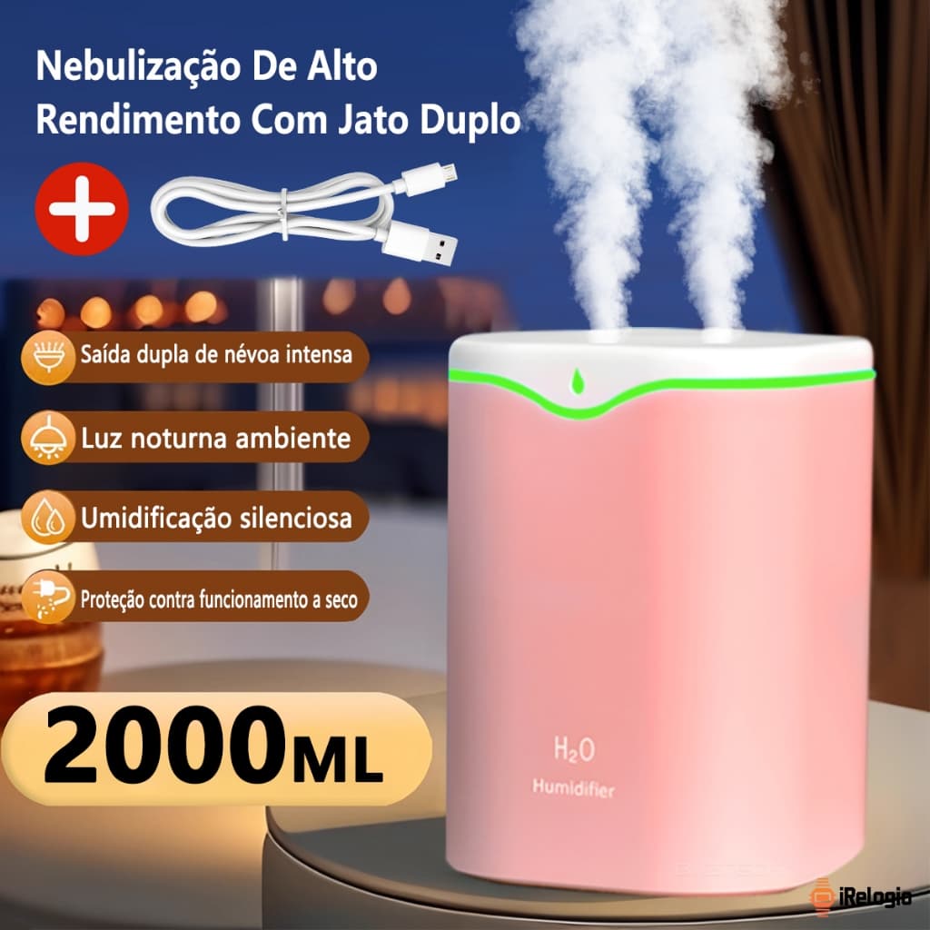Umidificador de Ar USB Ultrassônico Grande com Bico Duplo e LED Ambiente