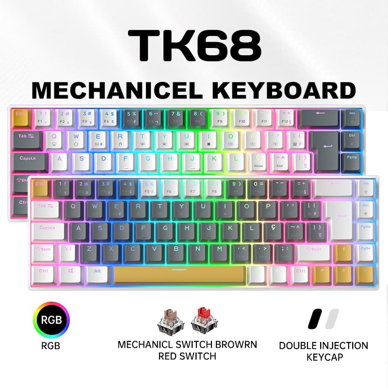 ZIFRIEND TK68 Teclado Mecânico Gamer 65% RGB ABNT2 Hot Swap Switch Bronw Red Presente pc gamer NKRO