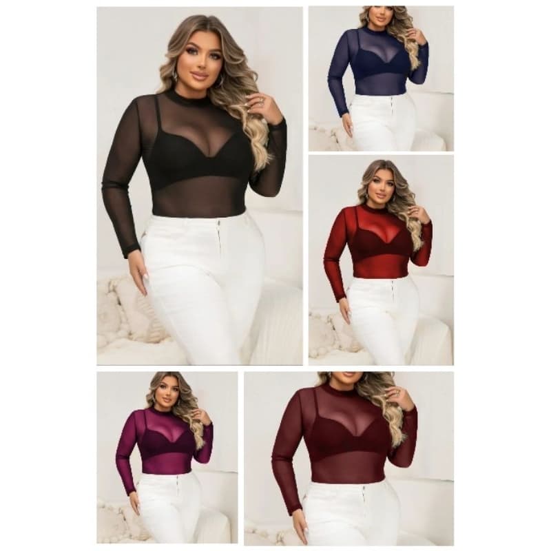 Body Tule Liso Transparente – Manga Longa | Várias Cores | Elegante & Confortável | Tam. P a G (36–42)