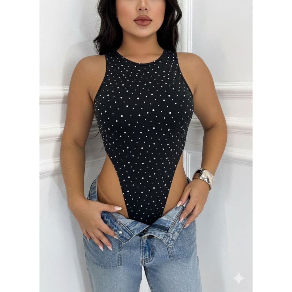 Body Feminino Brilhante Asa Delta Cavado Blogueira Festa Balada Brilho Luxo (Sem Bojo)