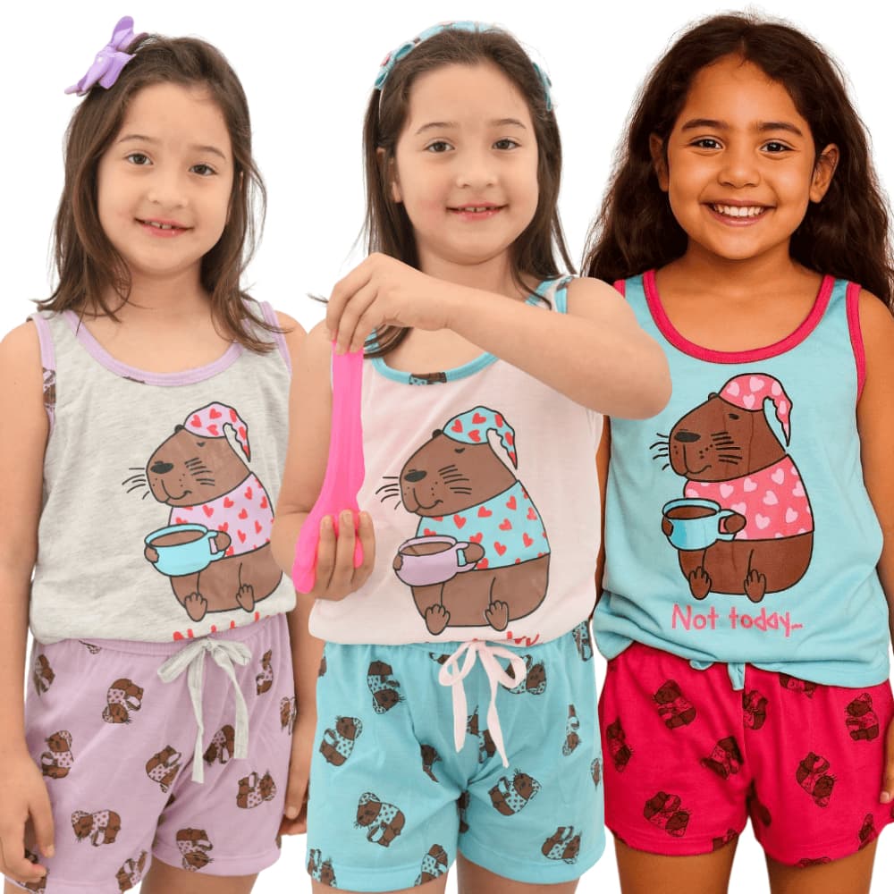 Pijama Baby Doll Infantil Mania de Sonhar Capivara Regata Malha Conforto