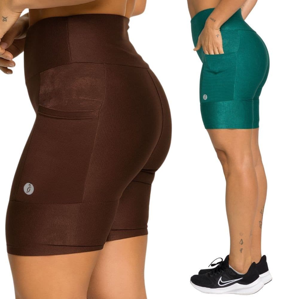 Kit 2 Bermudas Flora Ciclista Com Bolsos Laterais e Cintura Alta Feminina Moda Fitness