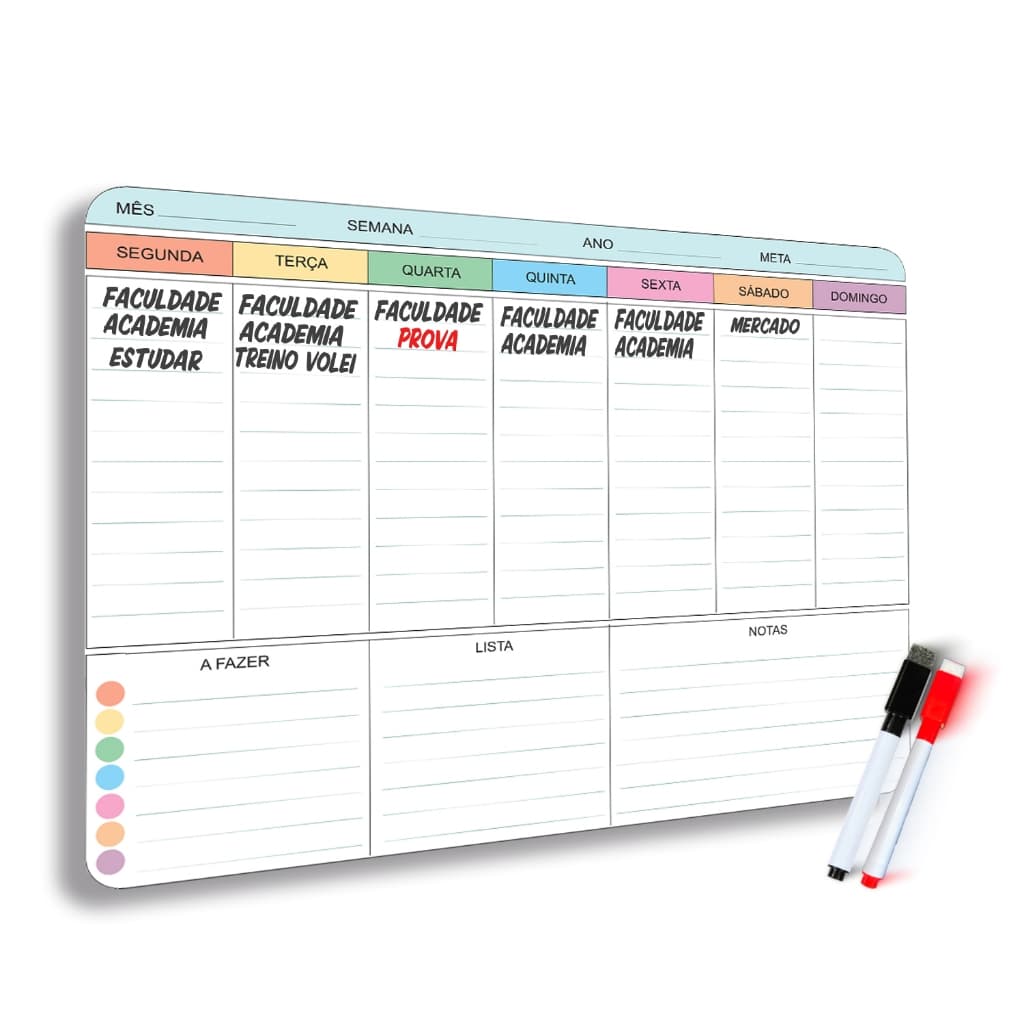 Imã de Geladeira Planner Lousa Semanal Recados Lembretes com 2 Canetas com apagador