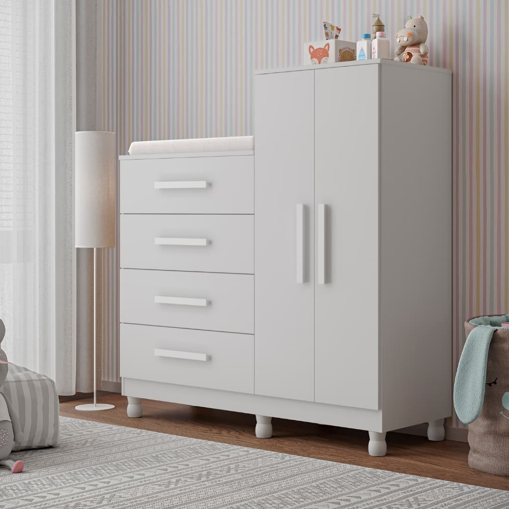 Cômoda Roupeiro Infantil  Trocador 4 Gavetas Porta Guarda-Roupas Bebê Branco quarto multifuncional