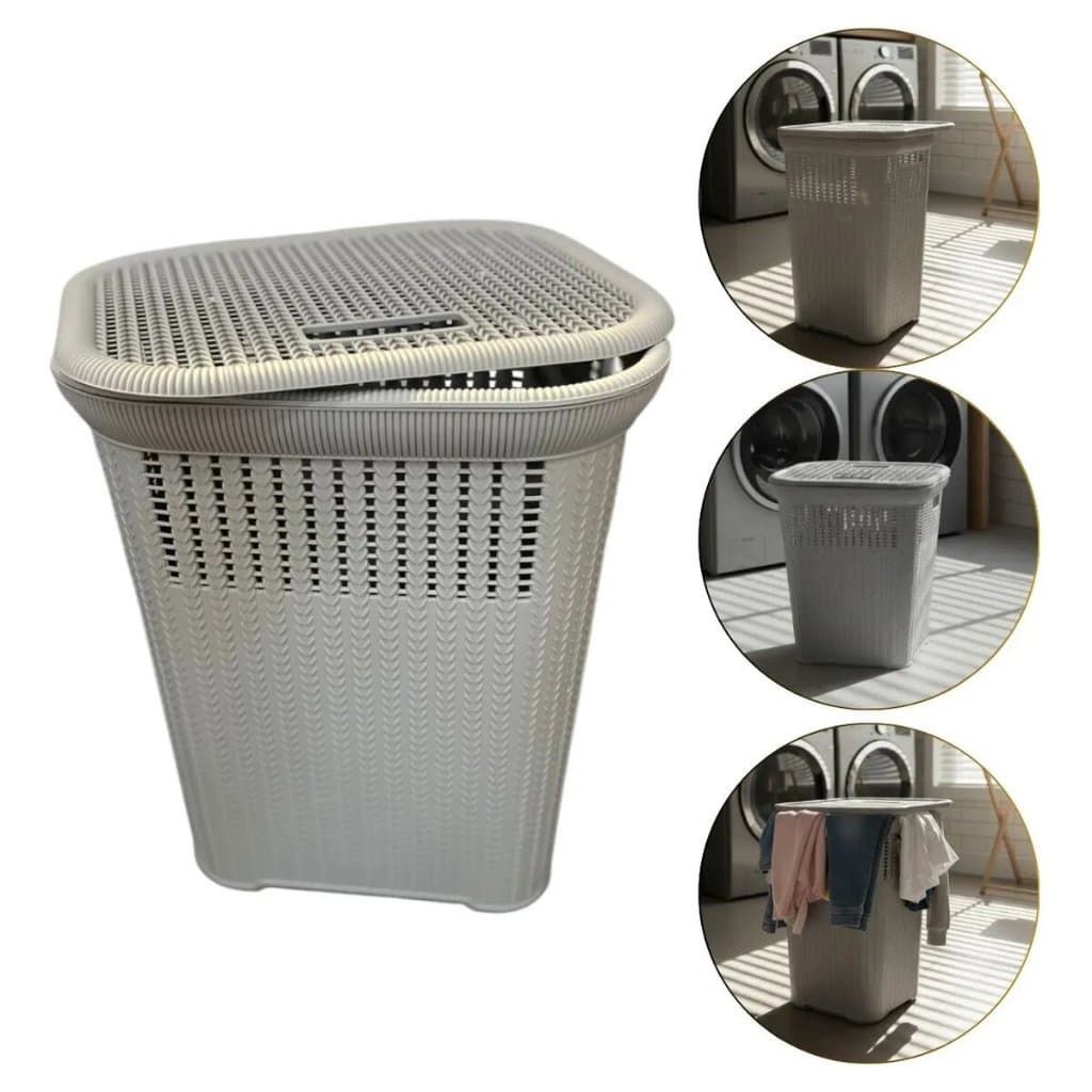 Cesto de Roupa Rattan Com Tampa Cor Cinza Nude Preto Coffee 50L Para Lavanderia