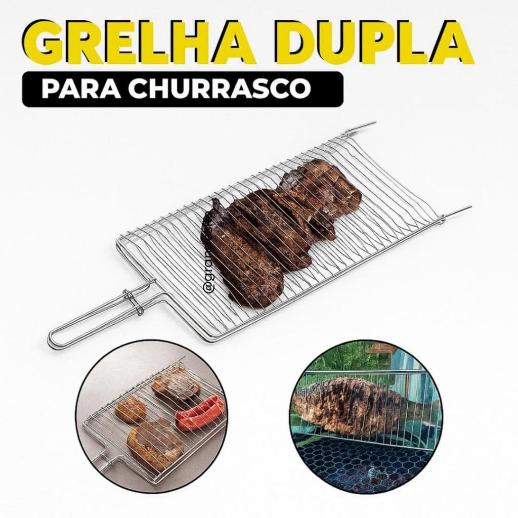 Grelha Dupla Folha Abaulada Grande Premium 70 x 20 churrasco Peixe Frango Linguiça Aço Abre e Fecha