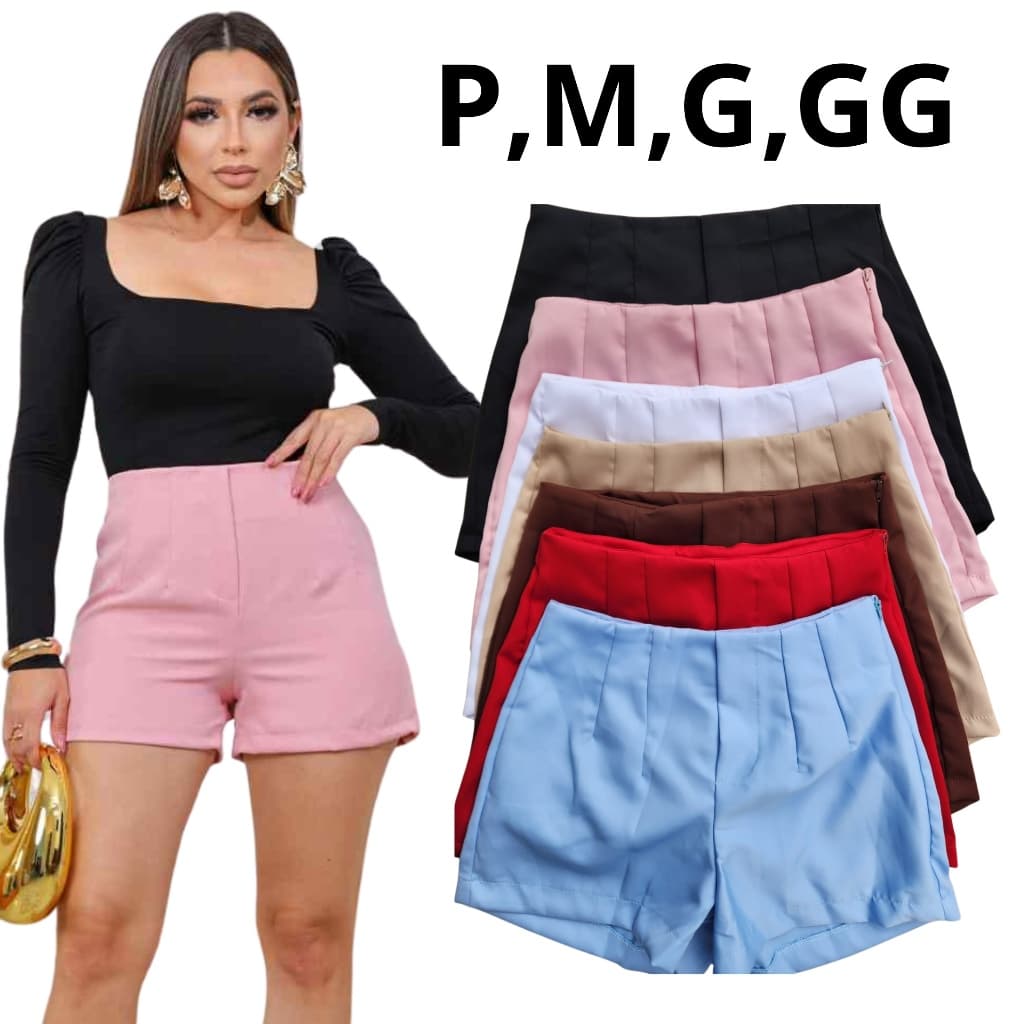 Short Alfaiataria Cintura Alta Feminino com Zíper Lateral Elegante e Confortável Modelo Social