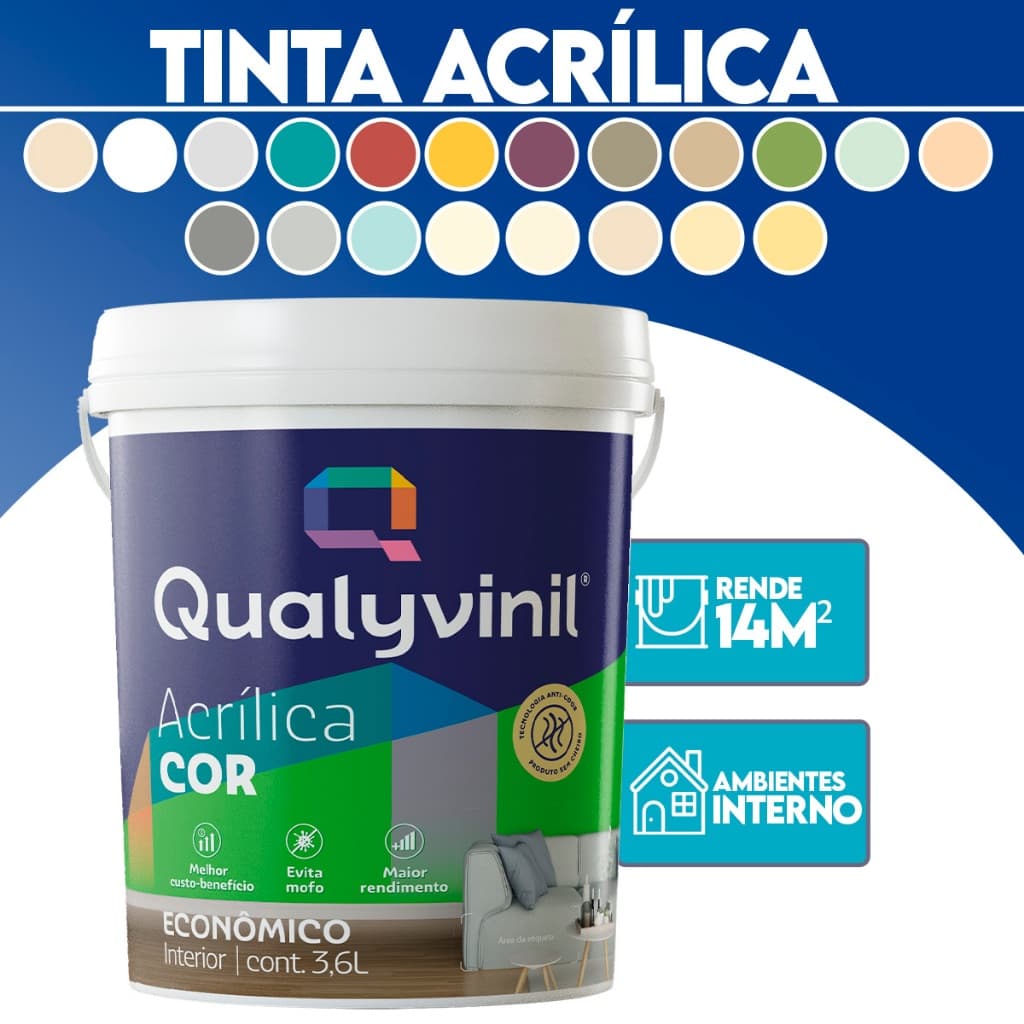 Tinta Acrílica Econômica para Pintura Parede de Casa Anti Mofo Fosca Lavável 3,6L Qualyvinil