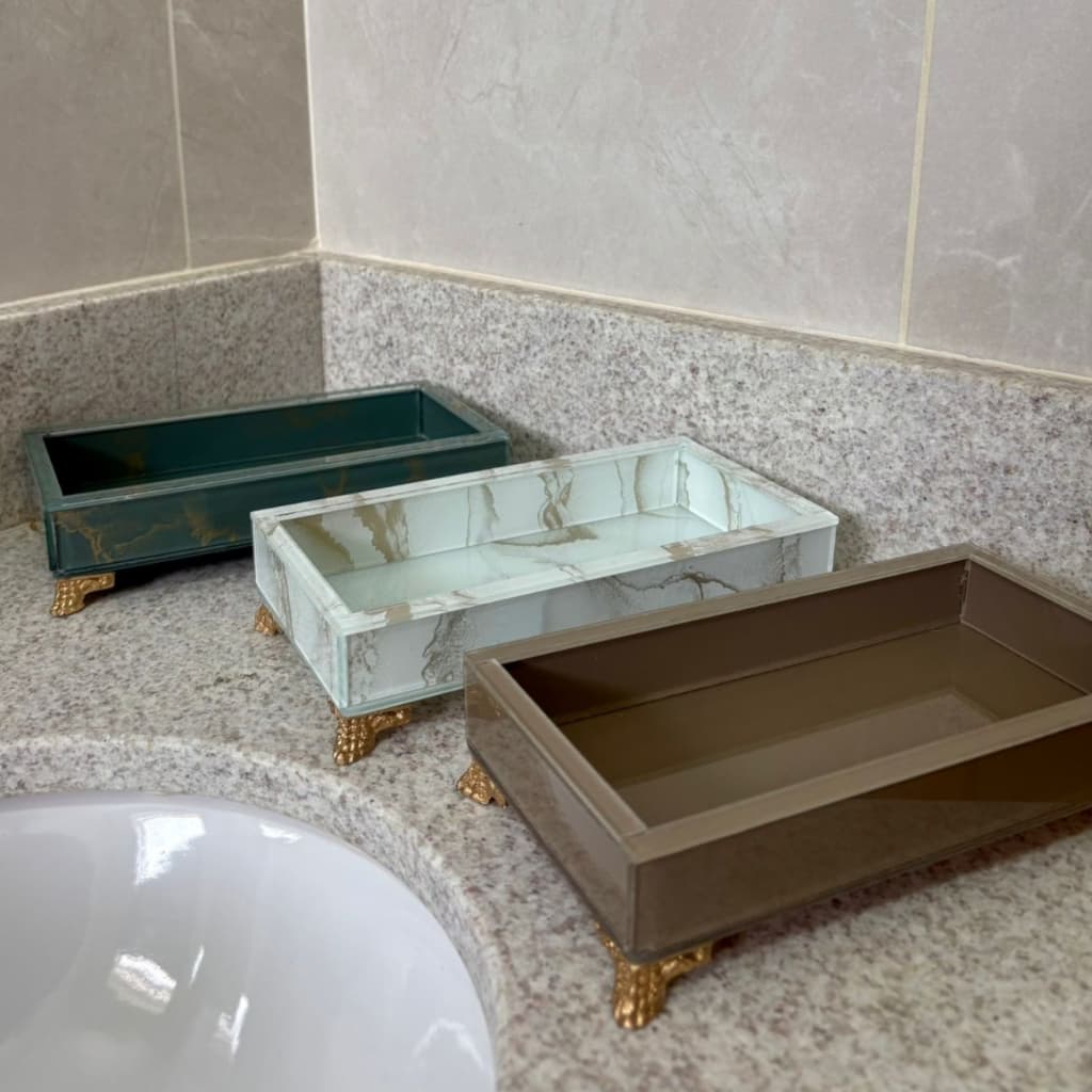 Bandeja de Vidro Efeito Mármore Pequena Decorativa Organizador Banheiro Lavabo Penteadeira