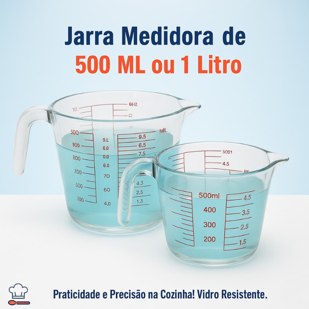 Jarra Medidora 500 ML 1 Litro Vidro P/ Microondas Alça e Bico Dosador Água Leite Copo Cozinha Medida