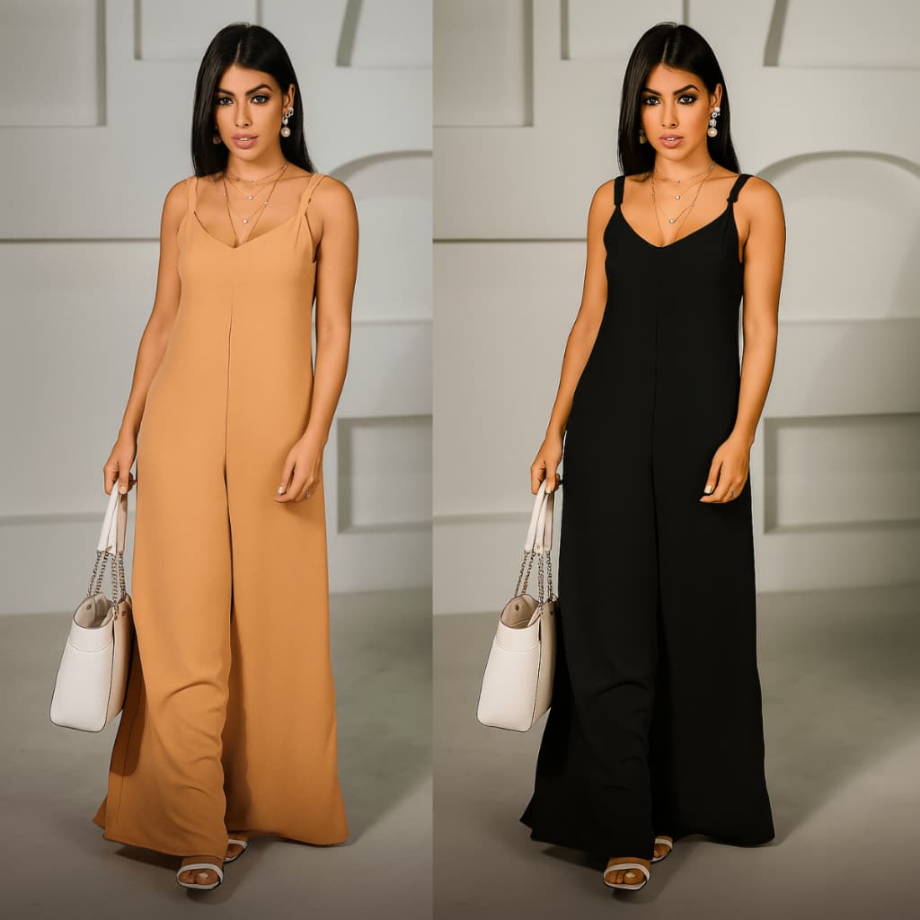 Macacão Feminino Pantalona Largo Alcinha Regulável Decote V P M G GG Tecido Duna Elegante Lançamento Moda Verão Carnaval