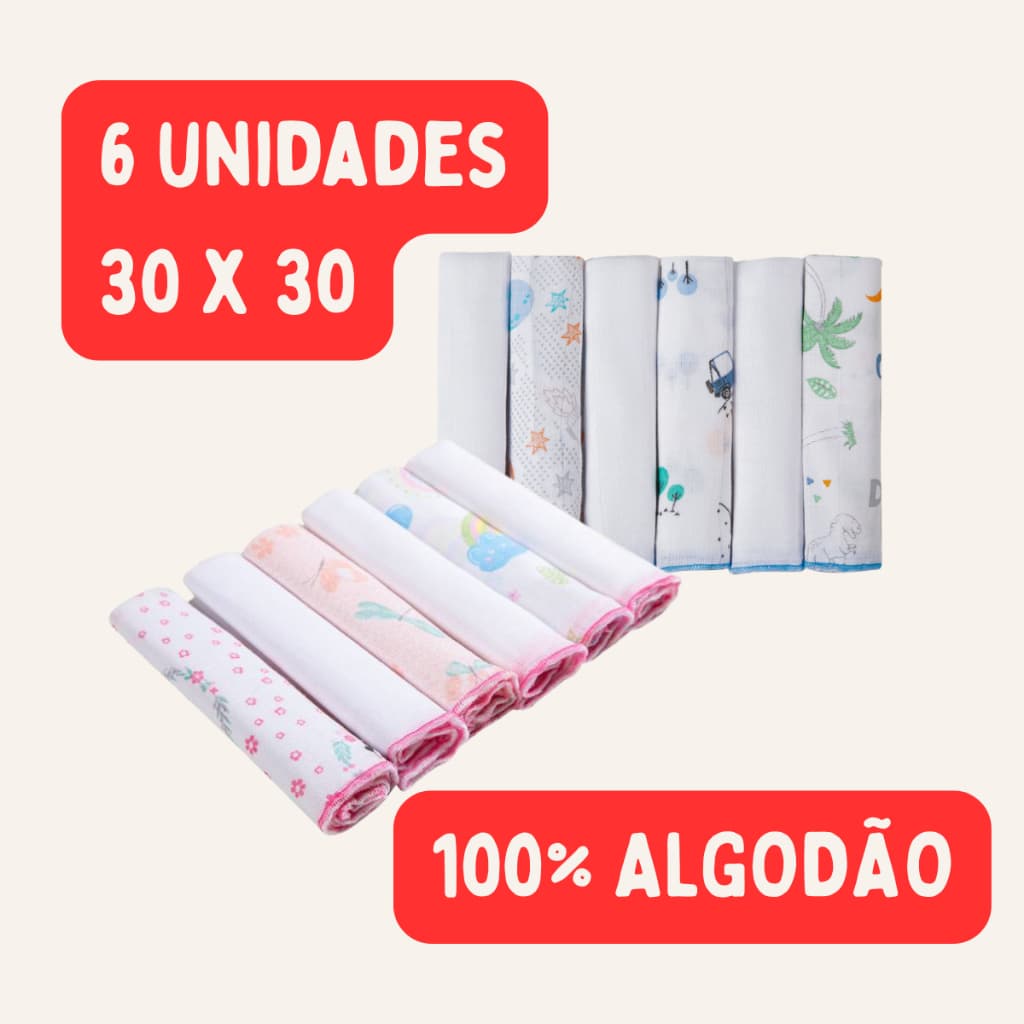 Kit 6 Pano de Boca 100% Algodão Paninho Fralda de Bebe 30cmx30cm Papi