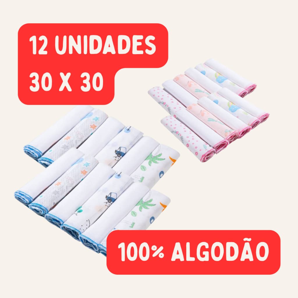 Pano de Boca 100%algodao 12 unidades 30x30cm Papi Macias