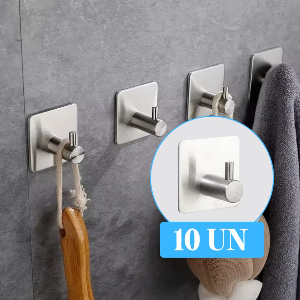 Ganchos De Parede Porta Toalha Inox Adesivo Kit 10un Prata
