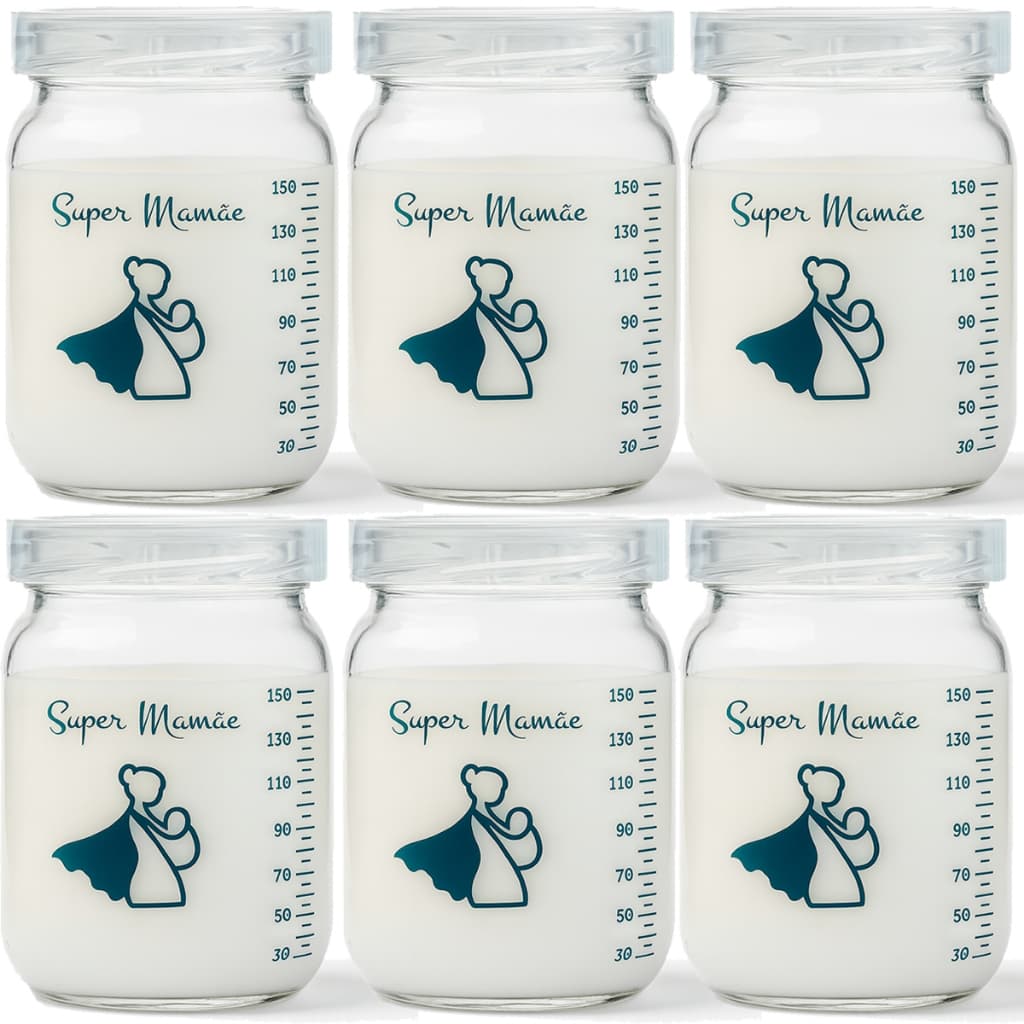 Kit 6 Potes de Vidro 150ml para Leite Materno Super Mamãe Original – Tampa Plástica e Graduação