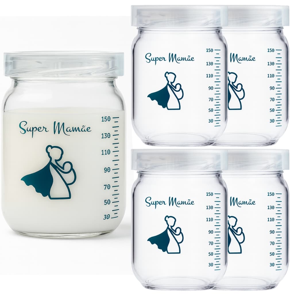 Kit 5 Potes de Vidro 150ml para Leite Materno Super Mamãe Original – Tampa Plástica e Graduação