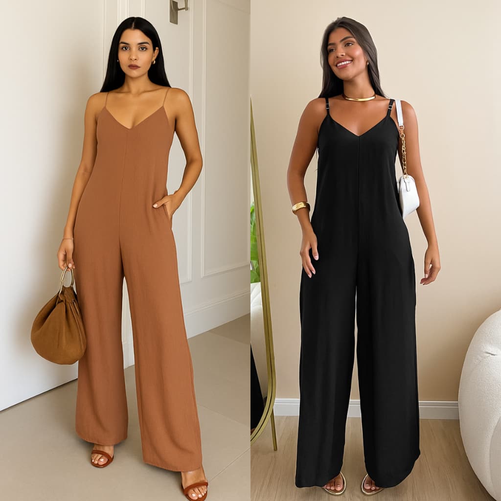 Macacão Feminino Pantalona Largo Alcinha Decote V P M G GG Tecido Duna Elegante Lançamento Moda Mulher Verão