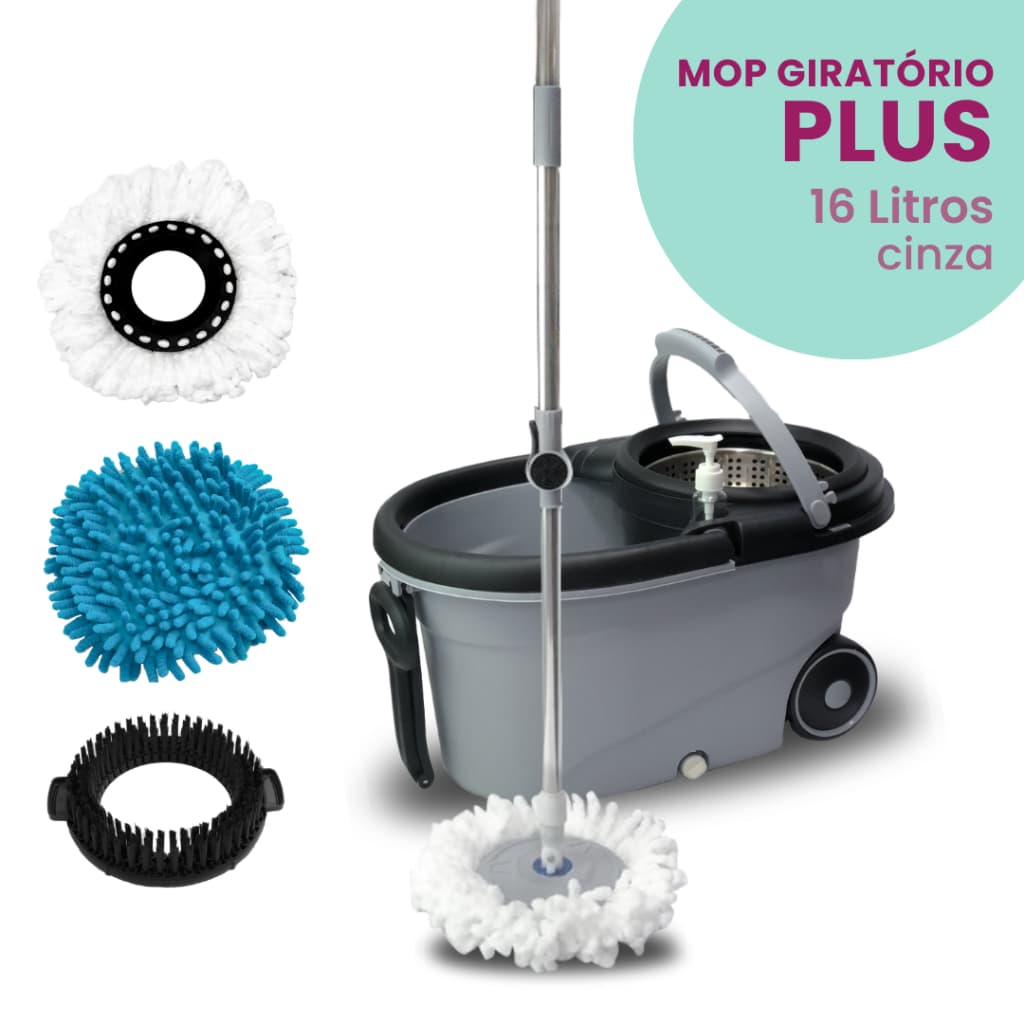 Mop Giratório Plus Com Cesto Em Inox  cinza - Cabo 160cm - Completo
