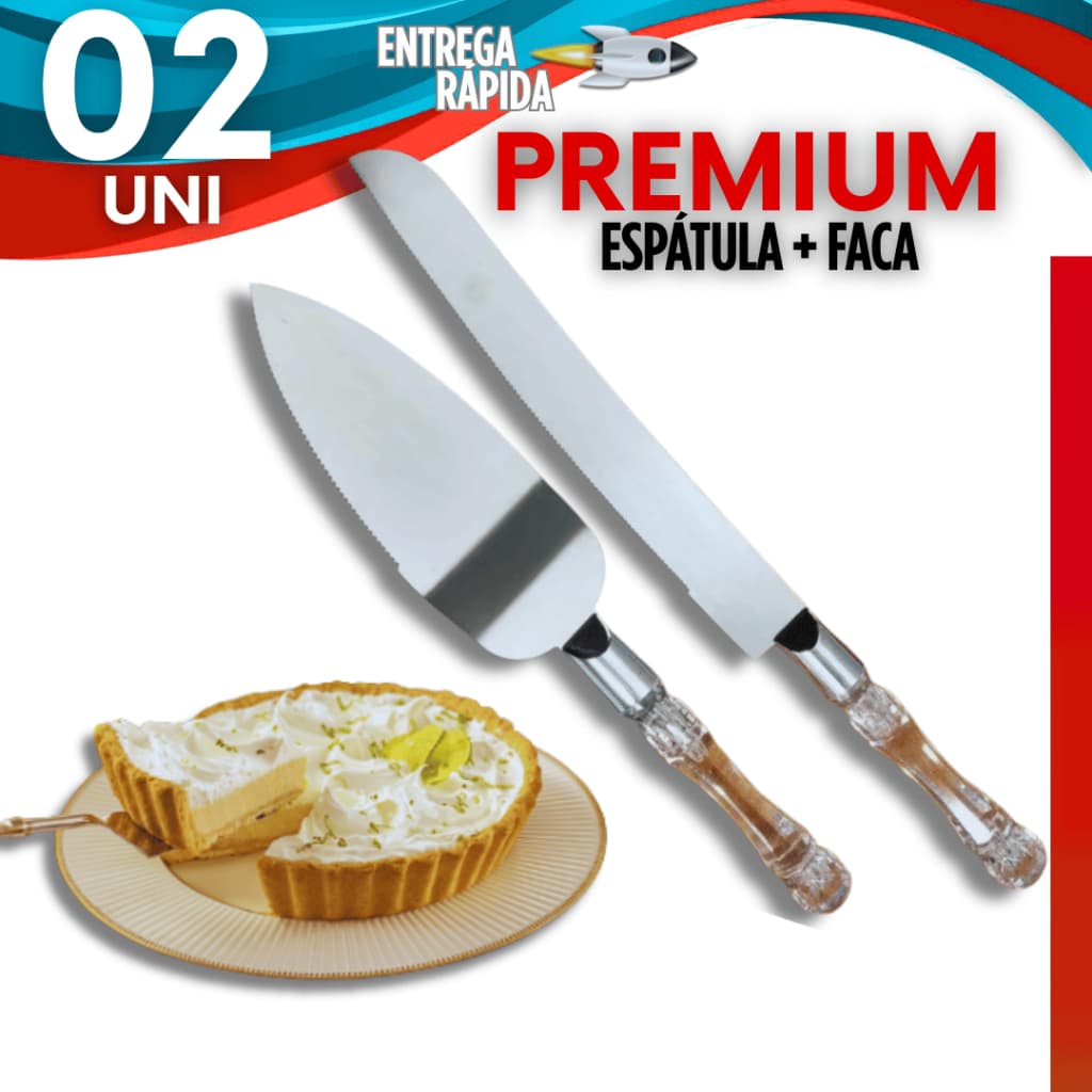 Kit Espátula e Faca para Bolo 2 Peças Inox Cabo em Cristal Confeiteira Doces Tortas Festa Cozinha