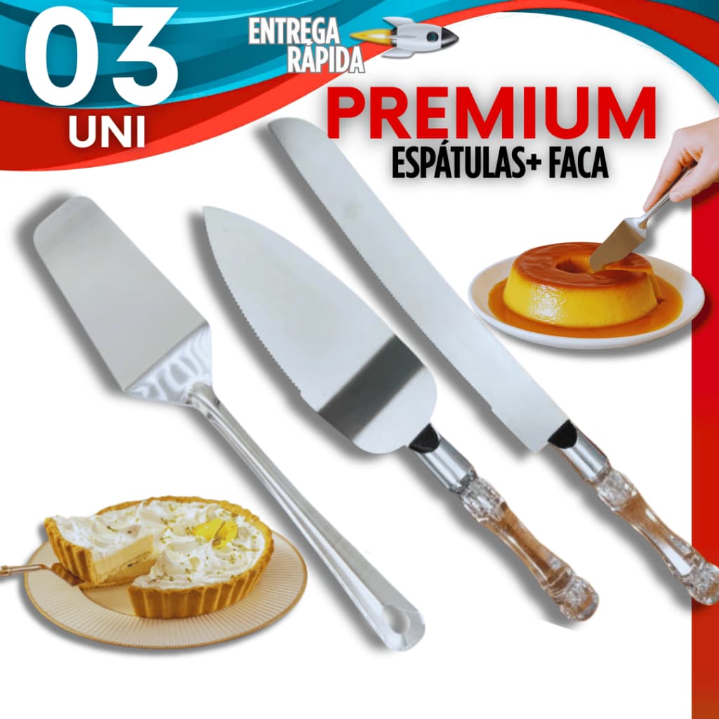 Kit Bolo 2 Espátulas + 1 Faca de Corte para Bolo Inox Cabo Personalizado Moderno Belissimo Kit