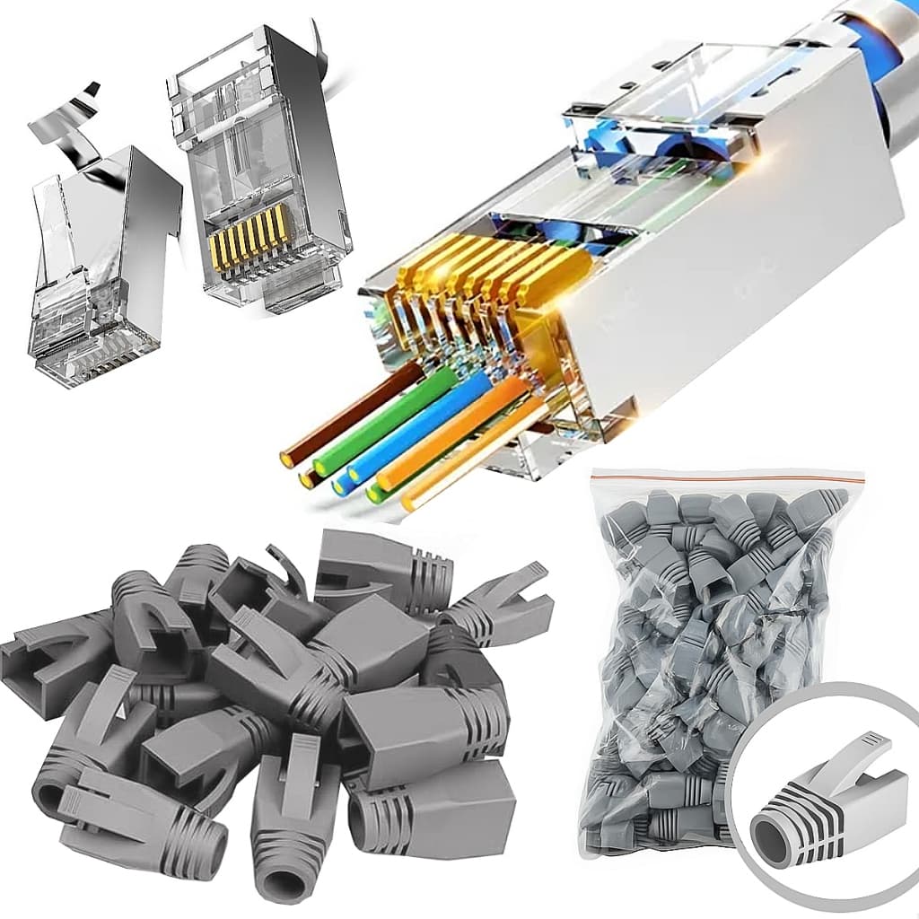 Conector Rj45 Blindado Vazado Cat6A Cat7 Ez-crimp Internet Rede LAN + Capas Silicones 10 20 30 PEÇAS