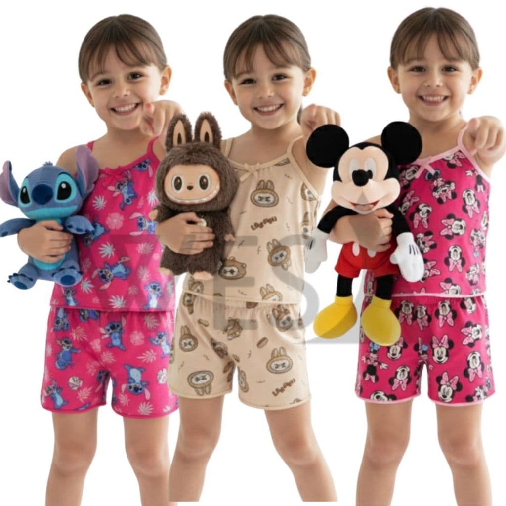 Baby Doll Infantil Feminino Pijama Short Doll Menina Verão Conforto Estampado Personagens Roupa de Dormir