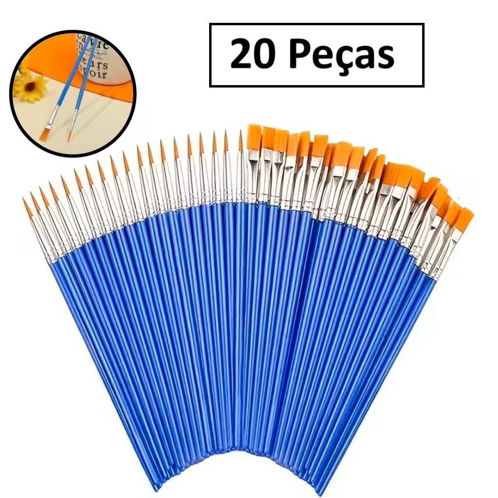 Kit 20 Pincel De Pintura Ponta Fina Chata Grossa Tinta Guache Aquarela Óleo Artesanato Arte Infantil
