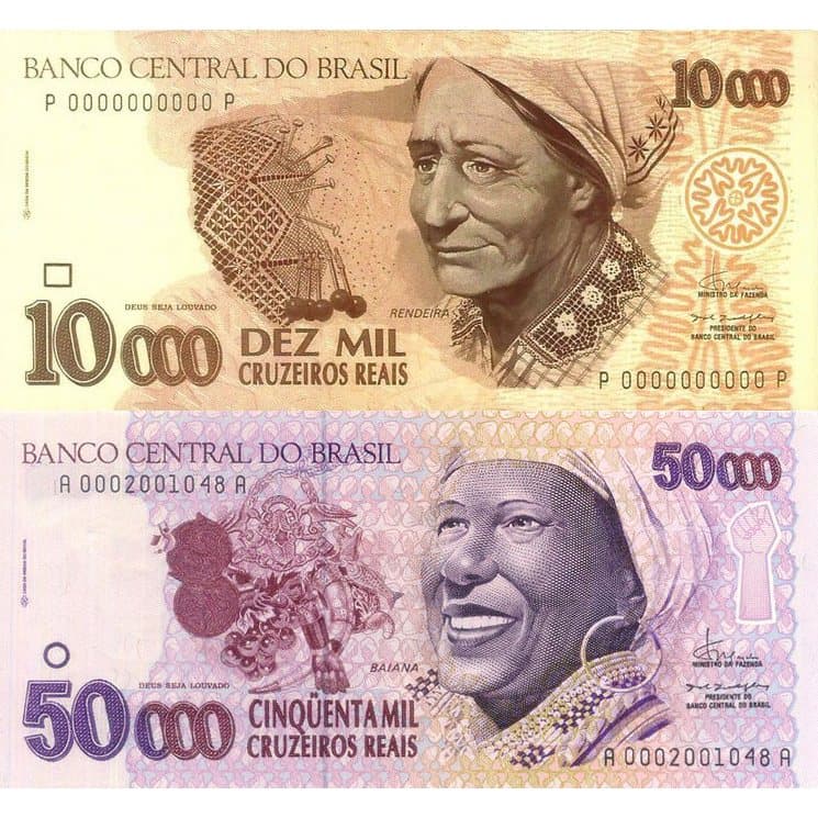 Cédula Ensaio Rendeira de 10.000 Cruzeiros Reais Não Emitida e Baiana C-240 de 50.000 Cruzeiros Reais (Reprodução)