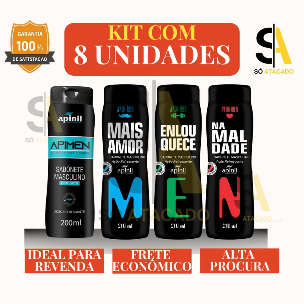 Kit 8 Und – Sabonete Masculino Apinil For Men 210ml | Ação Refrescante | Revenda e Atacado