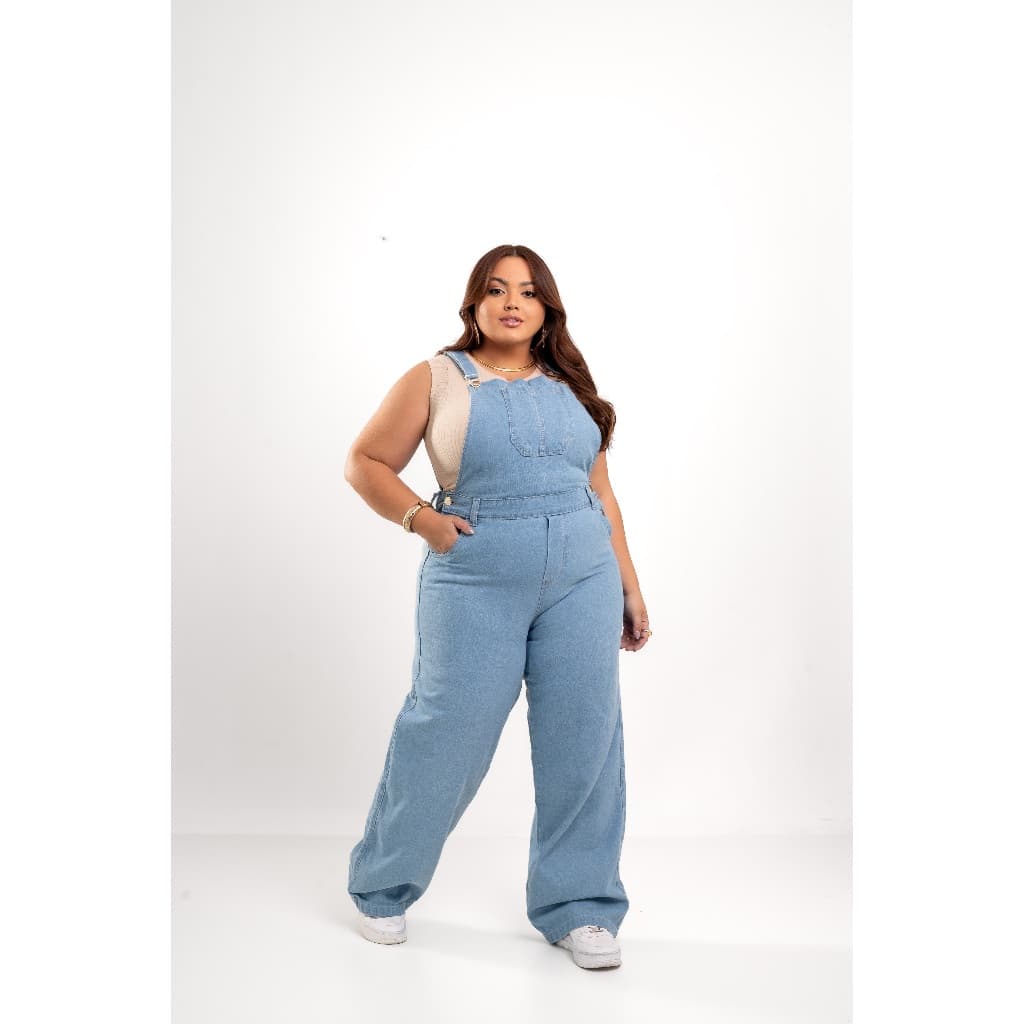 Jardineira Calça Macacão Jeans Plus Size Feminina Pantalona Wide Leg