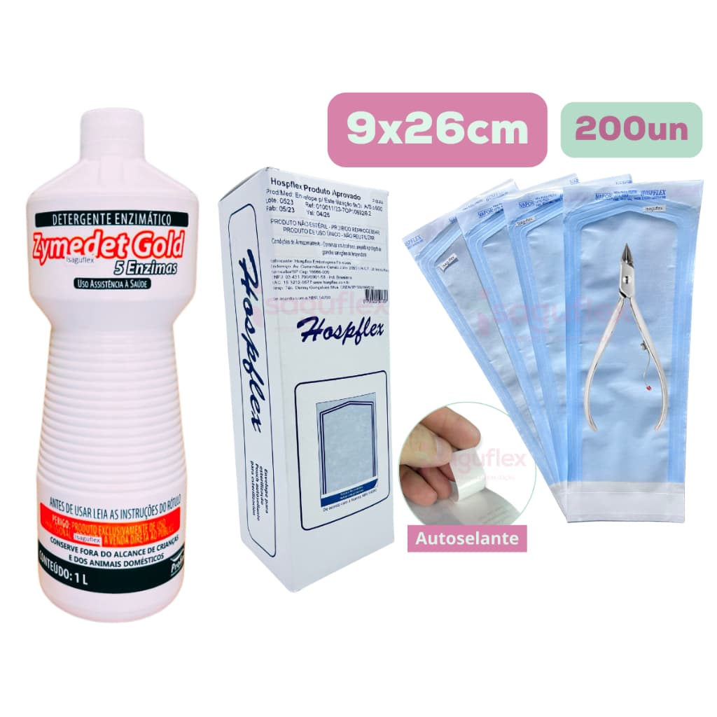 200 Envelope Para Esterilização autoclave  manicure 9x26cm  kit Detergente Enzimático 1L Prolink