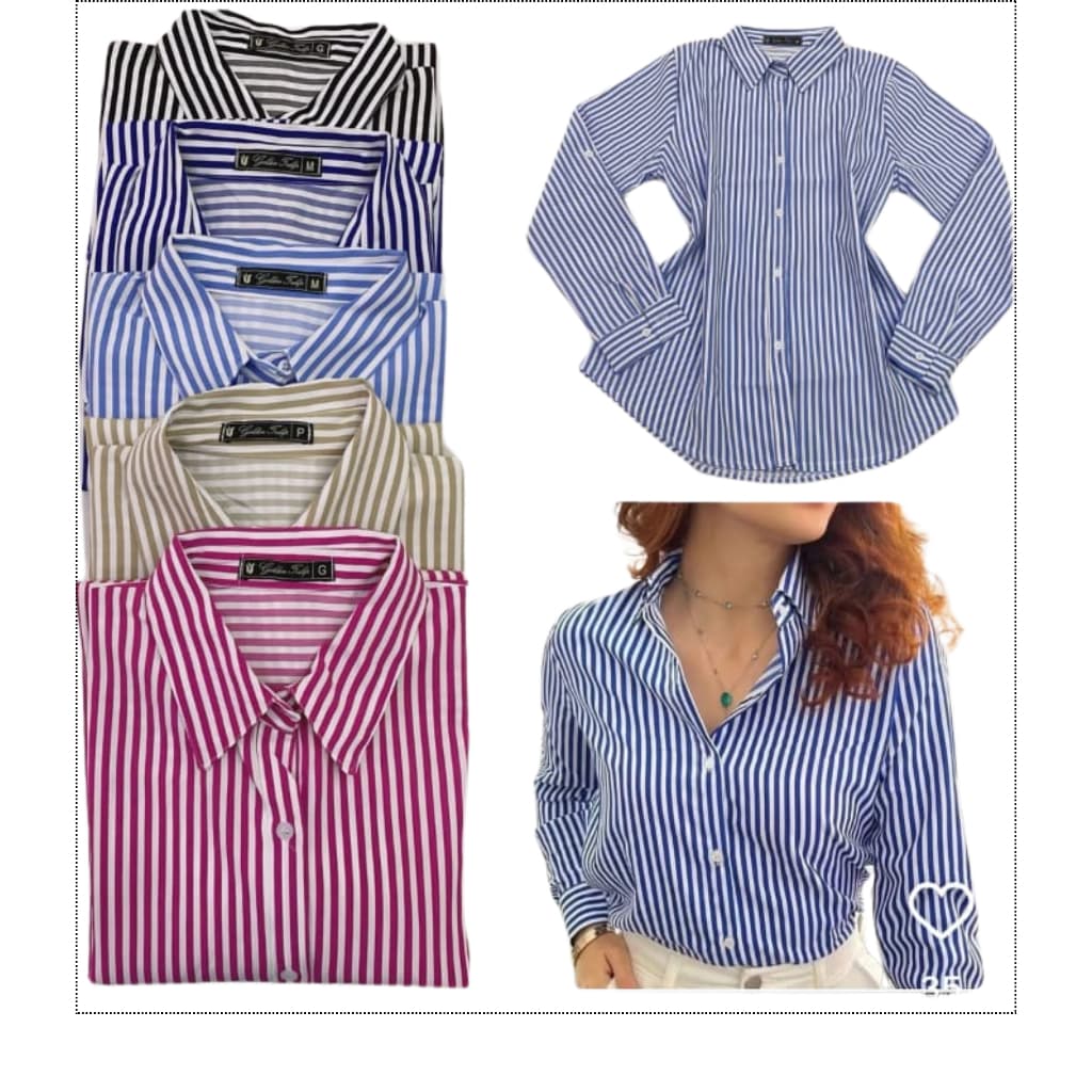 Camisa Feminina Social Listrada Manga Longa Crepinho Moda Casual
