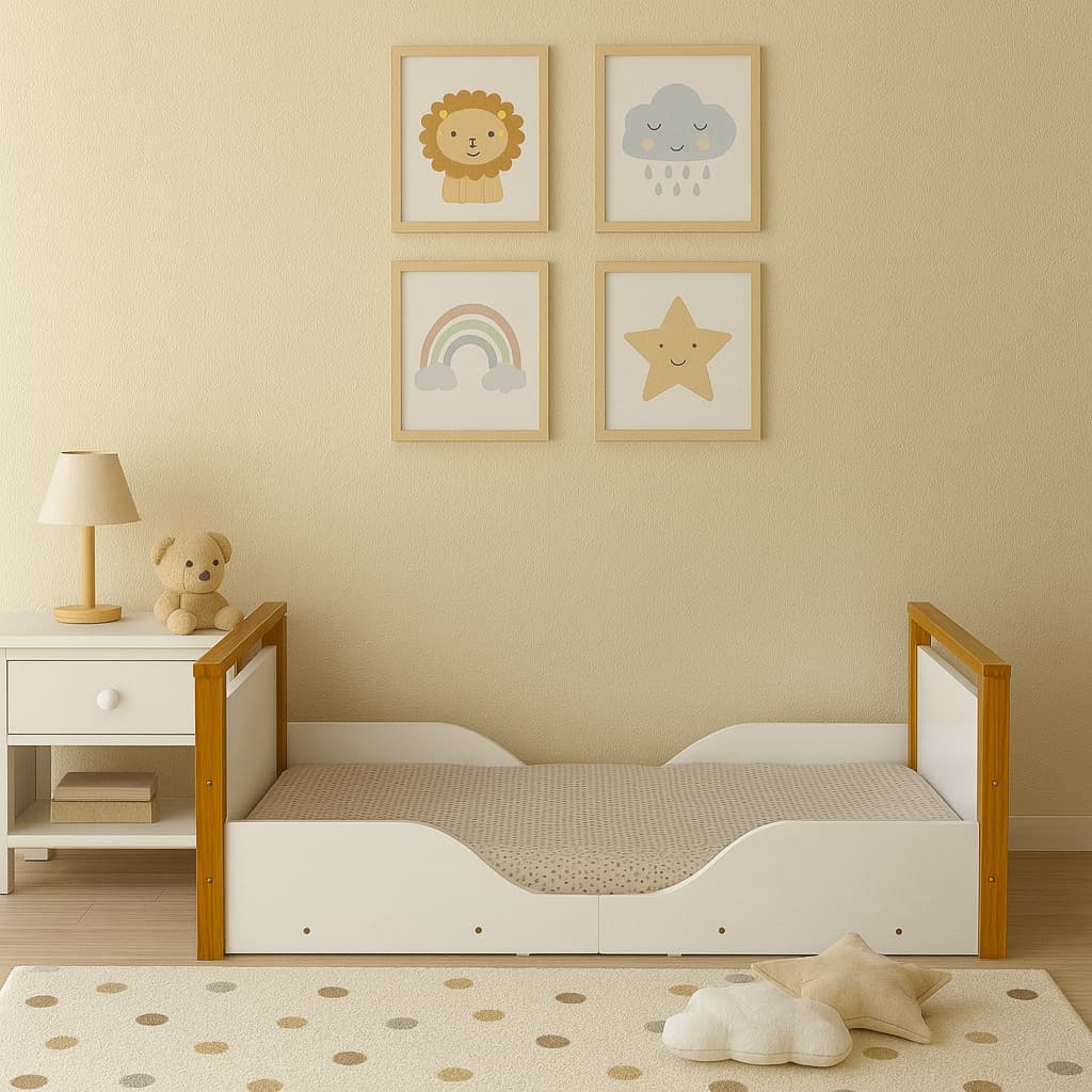 Mini Cama Infantil Montessoriana Baixa com pés em Madeira Design Moderno e colchão Incluso
