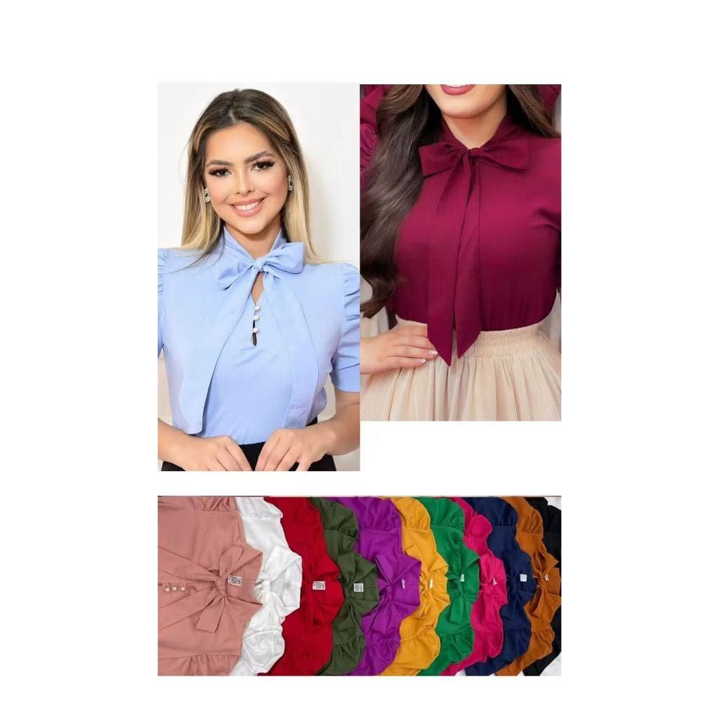 Blusa Feminina Social Manga Curta Bufante com laçinho Moda evangélica