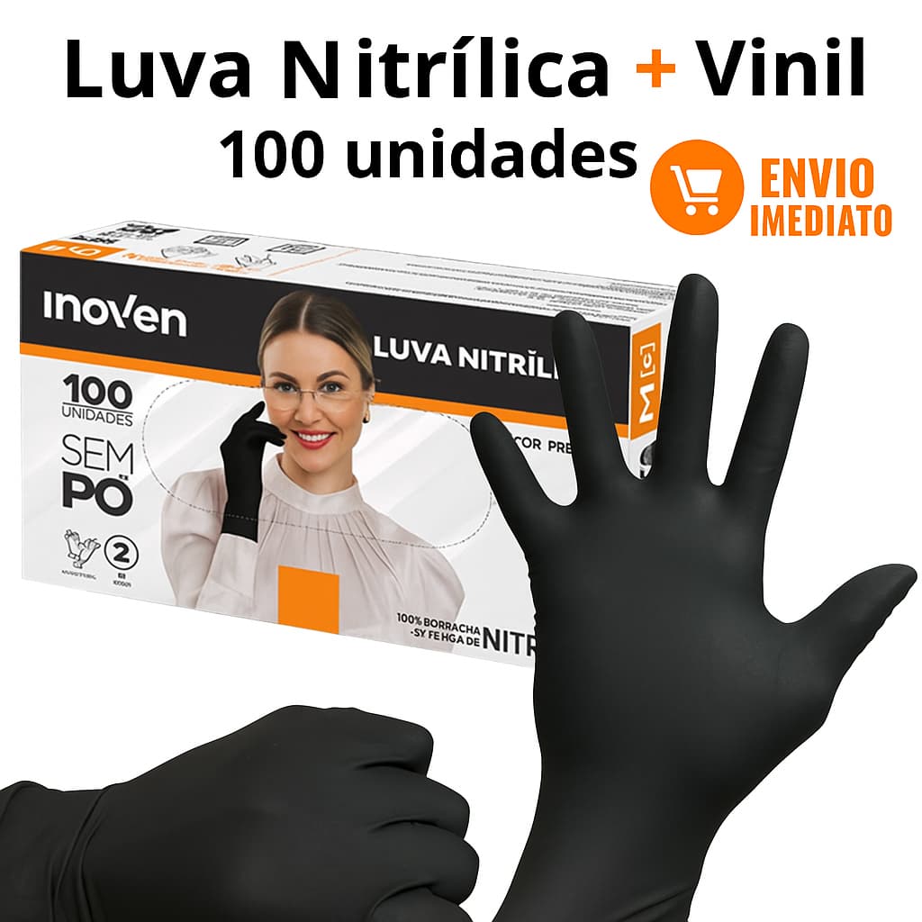 Luva Vinil Preta Descartável Sem Pó Resistente 100 Unidades