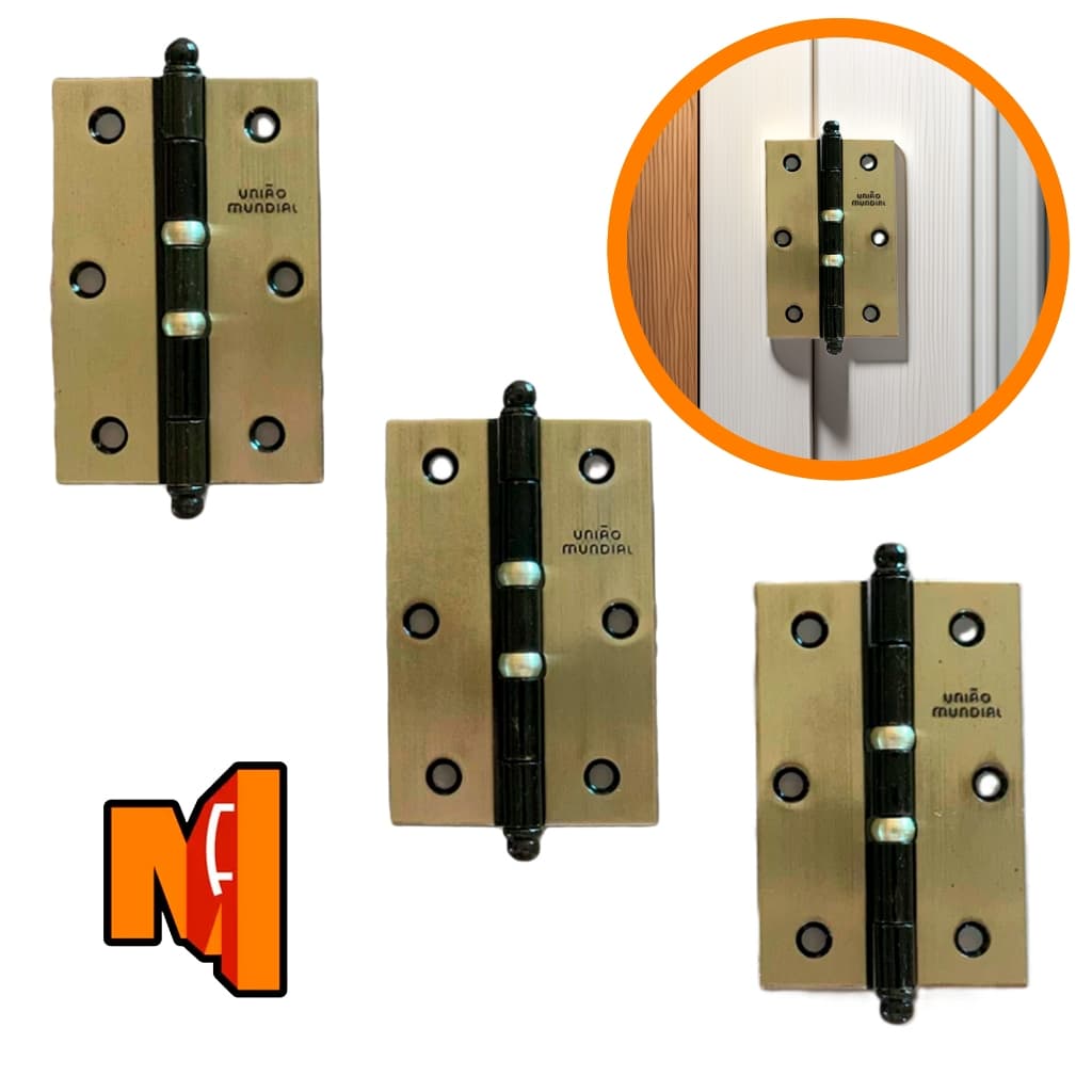 Dobradiça Porta Pino Bola com Anel 3½ x 2 5/16 Kit 3 Peças Aço c/ Parafusos União Mundial