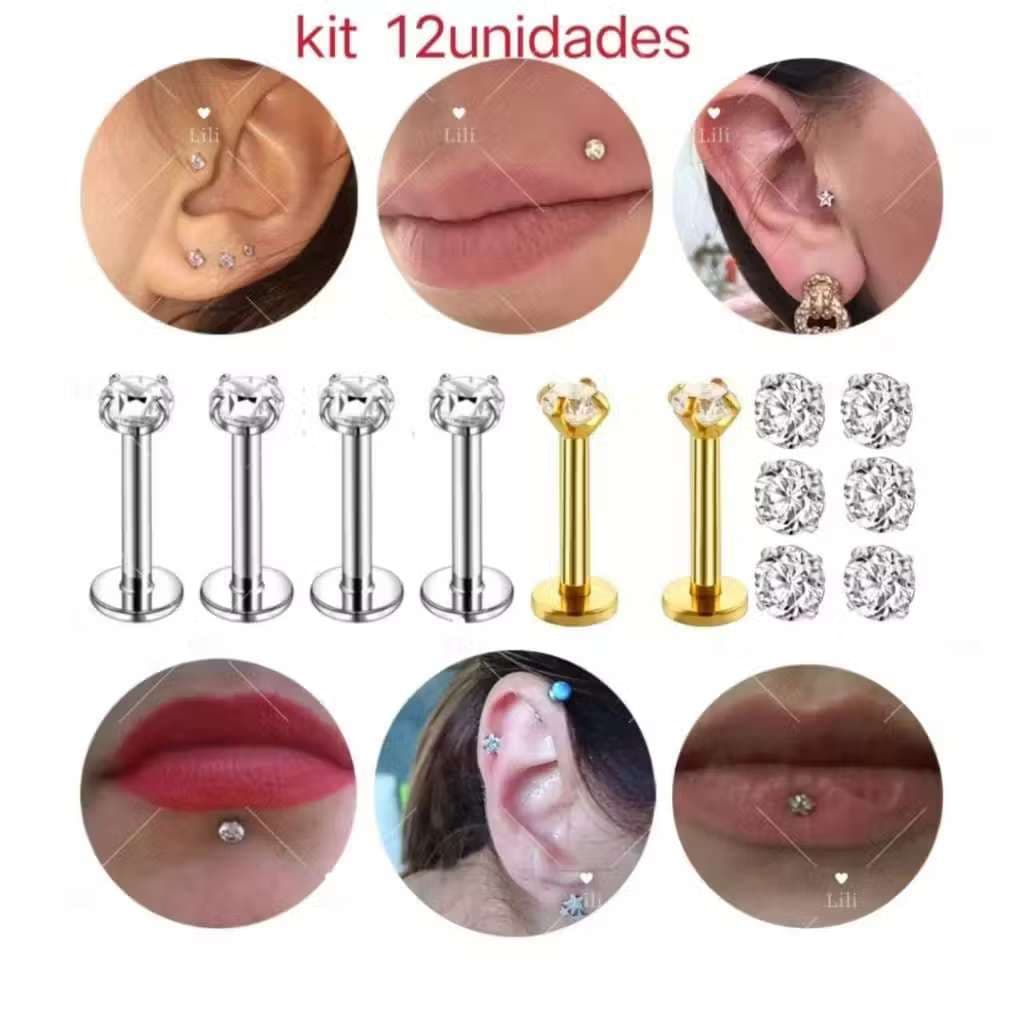 Kit 12 Piercing Labret Ponto De Luz (2.5mm) Helix Tragus Conch Aço Cirúrgico 6/8/10mm