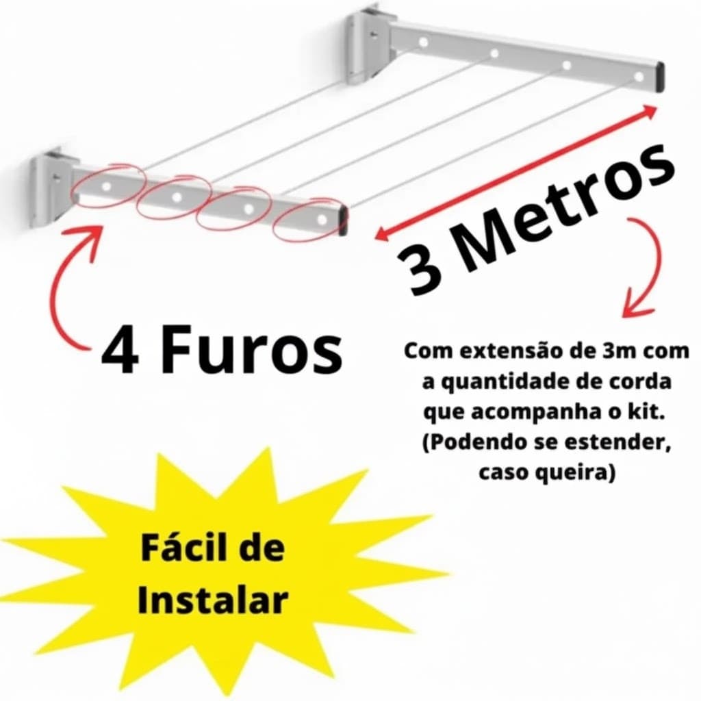 Varal alumínio reforçado retrátil de parede para roupas apartamento sacada. Que suporta até 90kg