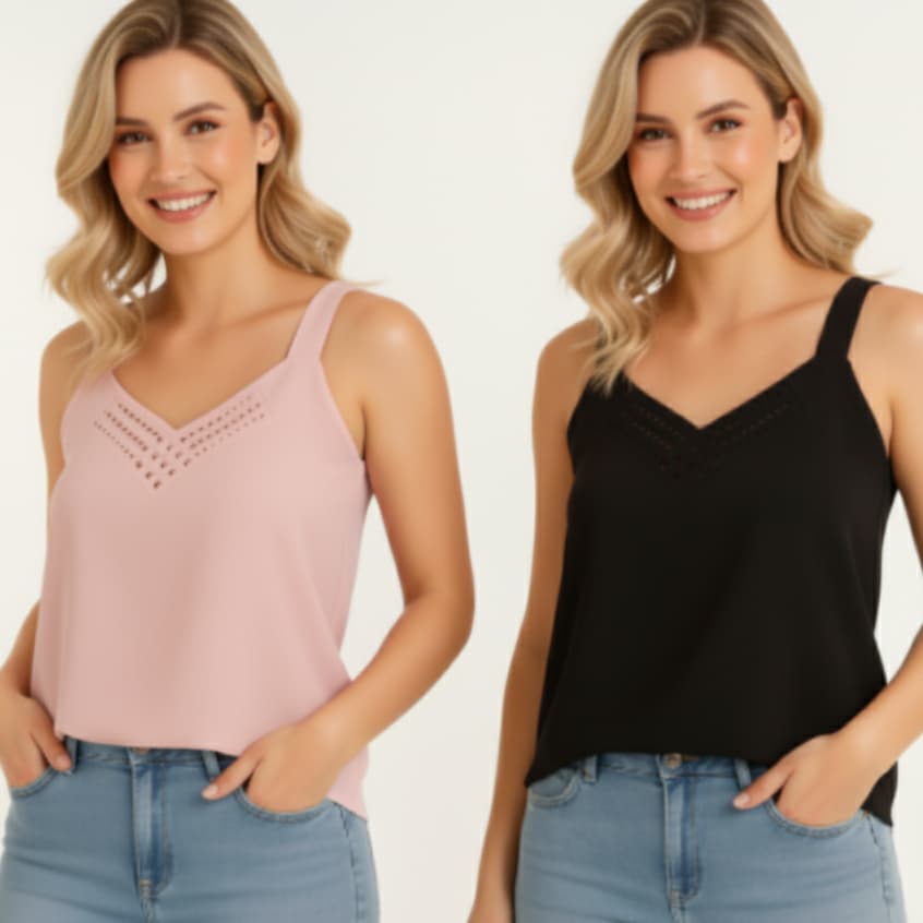 Kit 2 Blusas Regata Feminina em Crepinho  com tiras na frente lindo detalhe