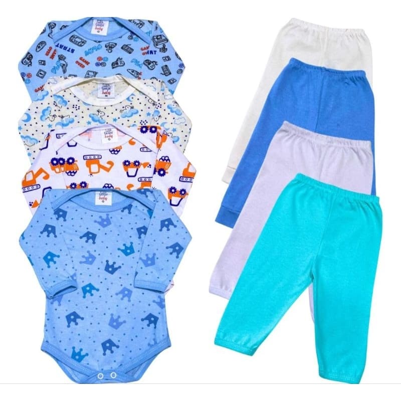 Kit Conjunto Enxoval Bebê 8 Peças  Body estampado manga longa e Mijão  100% algodão.