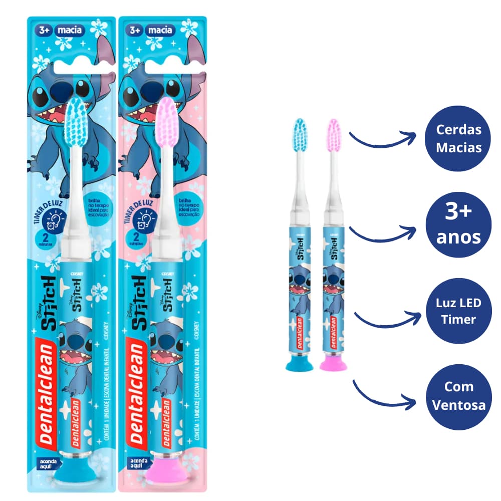 Escova Dental Infantil Stitch com Luz LED Timer Dentalclean | Cerdas Macias e Ventosa 3+ Anos