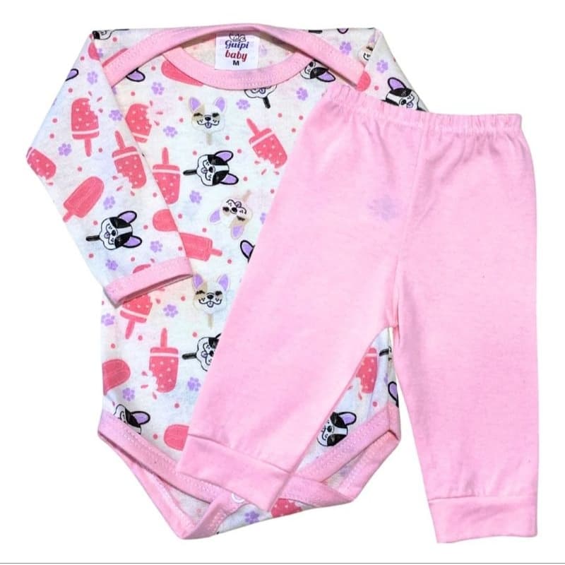 Kit Conjunto Enxoval Bebê 2 Peças  Body estampado manga longa e Mijão  100% algodão.