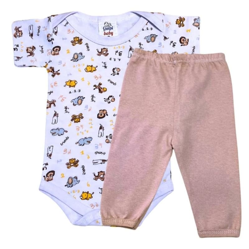 Kit Conjunto Enxoval Bebê 2 Peças  Body estampado manga curta e Mijão  100% algodão.