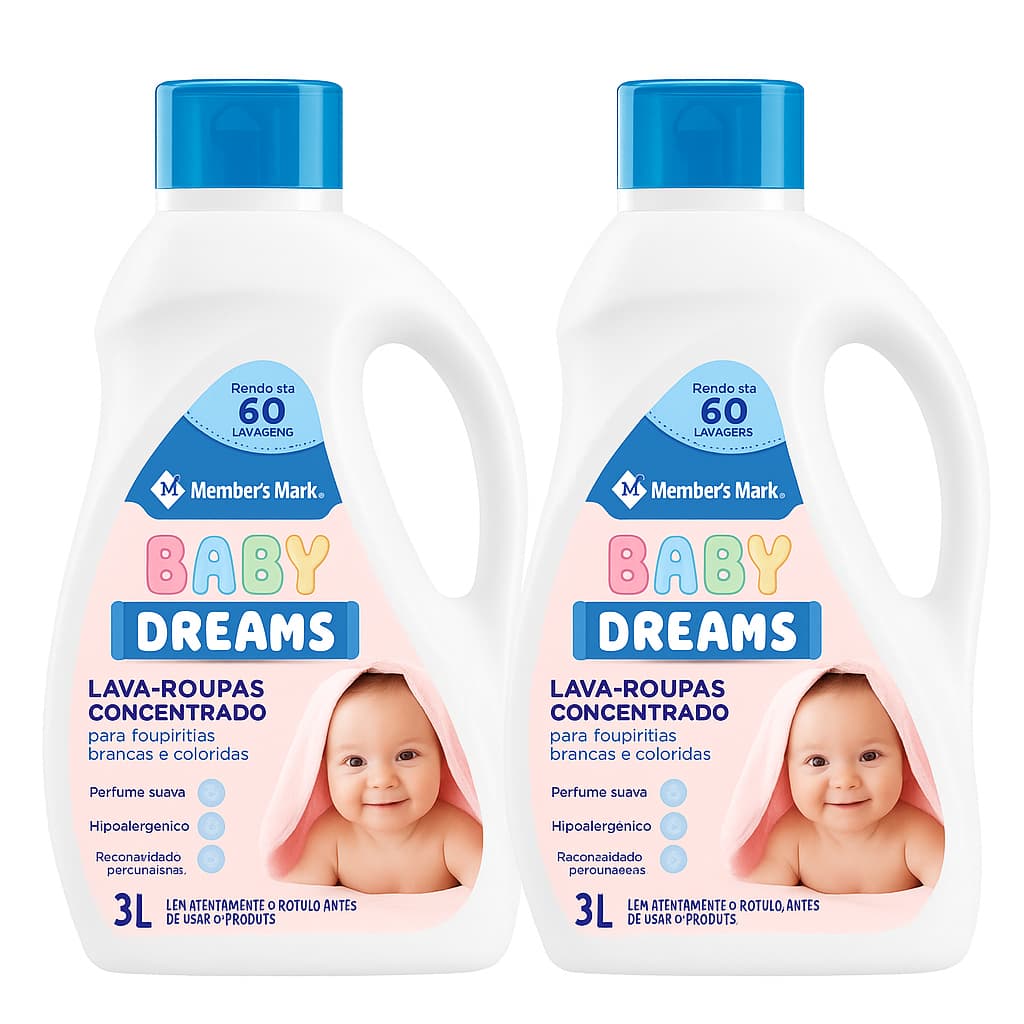 Kit 2 Lava Roupas Baby Dreams Members Mark 3L – Sabão Hipoalergênico Concentrado Suave para Bebês