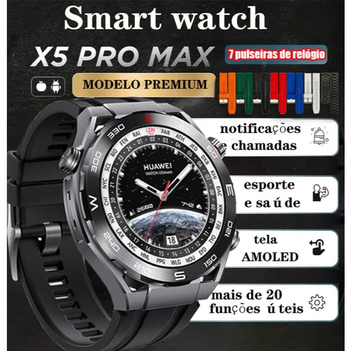 Smartwatch X5 PRO MAX Redondo Relógio Inteligente Bluetooth Chamada Chat GPT Amoled Nfc SmartWatch【Sete pulseiras】