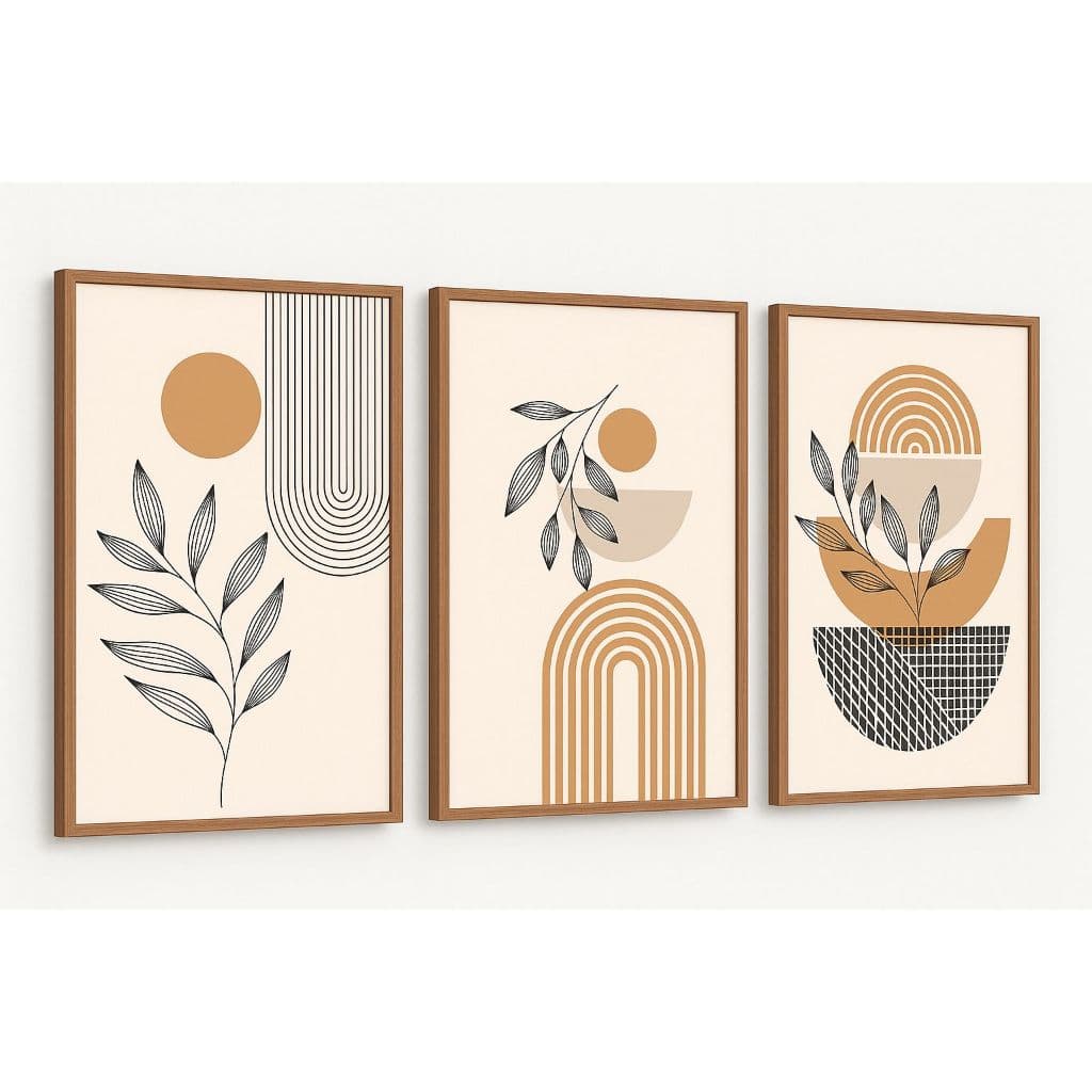 Quadro Decorativo 3 Peças Arte Moderna Abstrata Estilo Boêmio Formas Geométricas Minimalista
