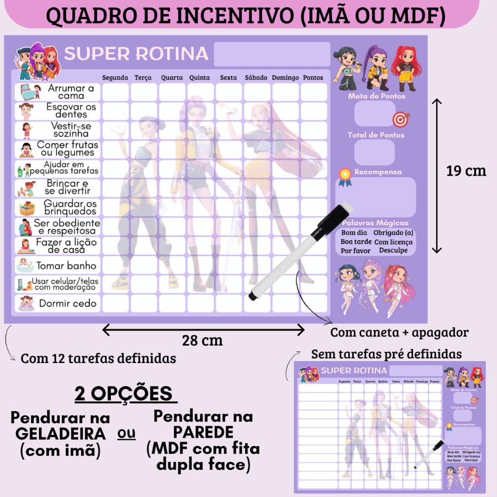 Quadro de Incentivo Rotina Guerreirras do KPOP + Caneta c/ Apagador (Imã p/ Geladeira ou MDF p/ Parede)